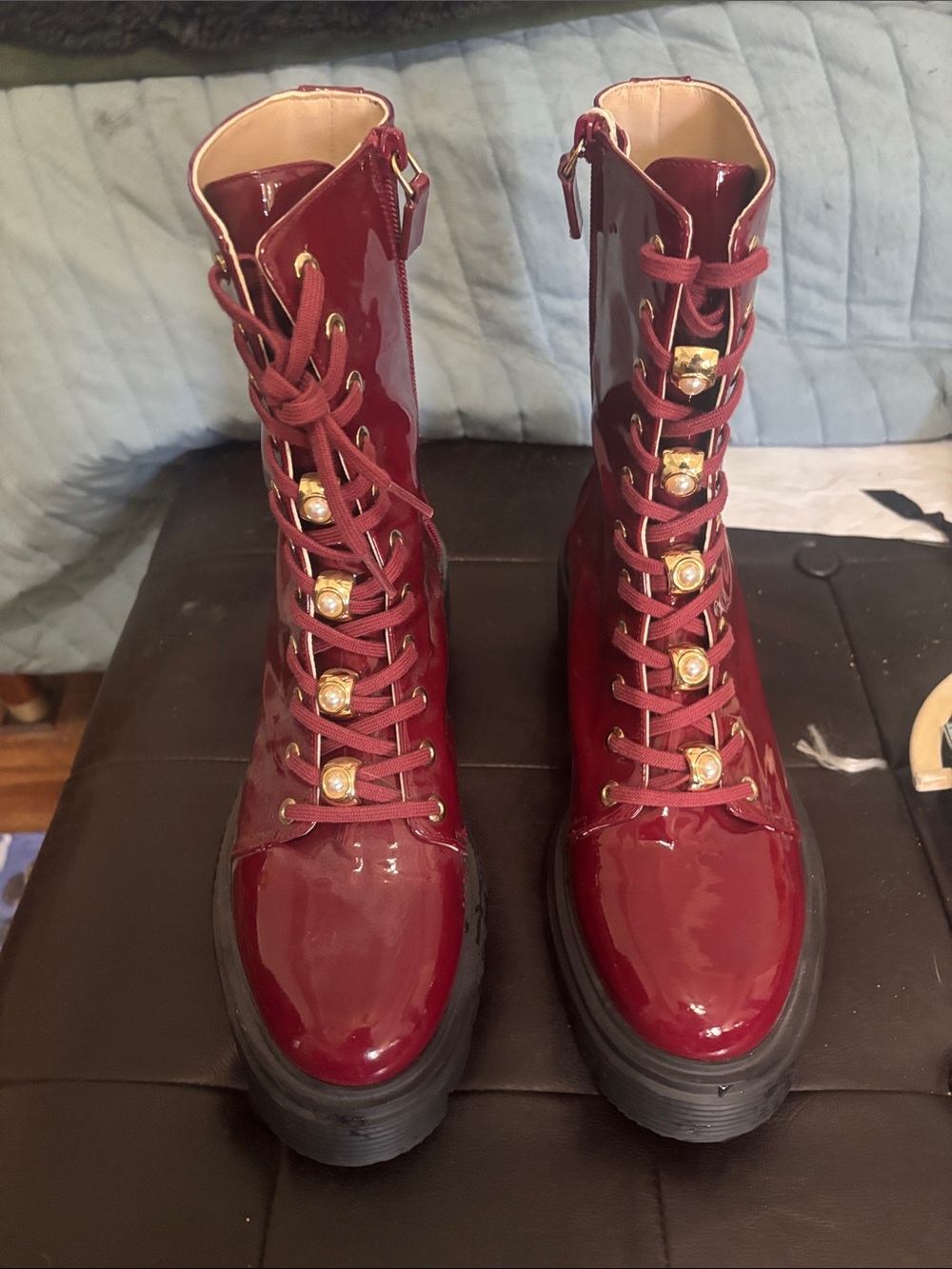 Women's Burgundy Patent Lace-Up Platform Boots with Gold Accents